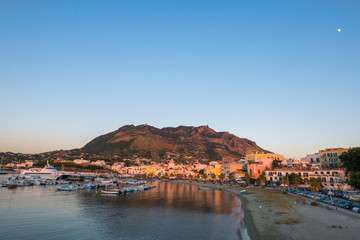 Panoramic view of Forio at sunset, Soccorso Church, Ischia, Phlegrean Islands, Tyrrhenian Sea, Italy, South Europe