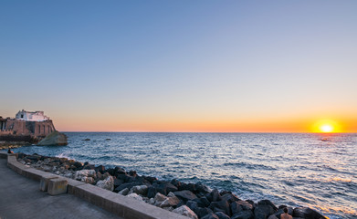 Panoramic view of Forio at sunset, Soccorso Church, Ischia, Phlegrean Islands, Tyrrhenian Sea, Italy, South Europe