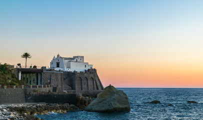 Panoramic view of Forio at sunset, Soccorso Church, Ischia, Phlegrean Islands, Tyrrhenian Sea, Italy, South Europe