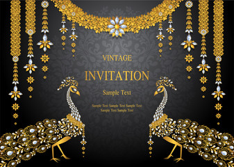  Wedding Invitation card templates with gold patterned and crystals on background color.