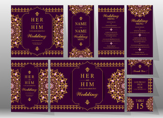  Wedding Invitation card templates with gold patterned and crystals on background color.