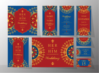  Wedding Invitation card templates with gold patterned and crystals on background color.