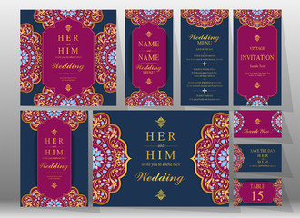  Wedding Invitation card templates with gold patterned and crystals on background color.