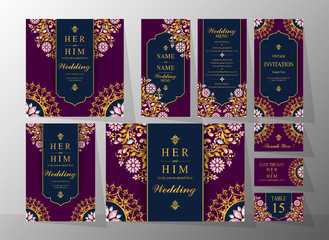  Wedding Invitation card templates with gold patterned and crystals on background color.
