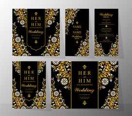  Wedding Invitation card templates with gold patterned and crystals on background color.