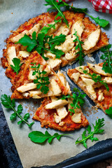 BBQ Chicken Cauliflower Crust Pizza.. Top view. selective focus