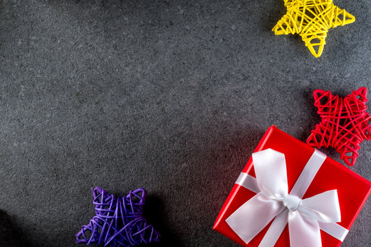 Christmas gifts for holiday top view. New year 2018 and X-mas concept, empty space for text, mockup