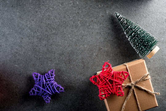 Christmas gifts for holiday top view. New year 2018 and X-mas concept, empty space for text, mockup