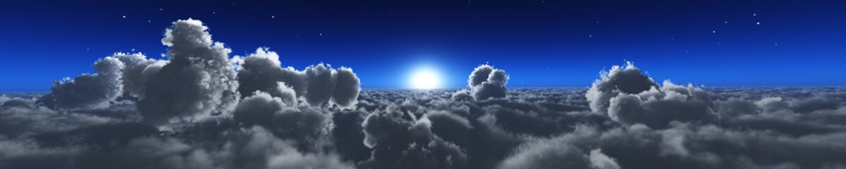 Naklejka na ściany i meble over the clouds, panorama of the sunset in the stratosphere, 3d rendering