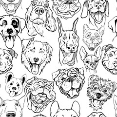 Pattern with muzzles of dogs of different breeds, black and white seamless graphic vector illustration