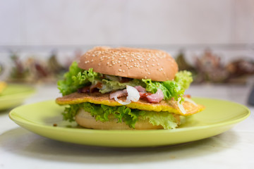 Vegan burger, with omelet, tomatos and lettuce