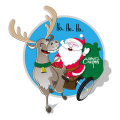 Fototapeta premium Santa Claus riding his reindeer greeting card cartoon vector
