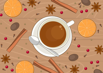 White cup of tea with spices on wooden table. Top view. Vector illustration.
