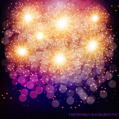 Brightly Colorful Fireworks. Lilac vector illustration .
