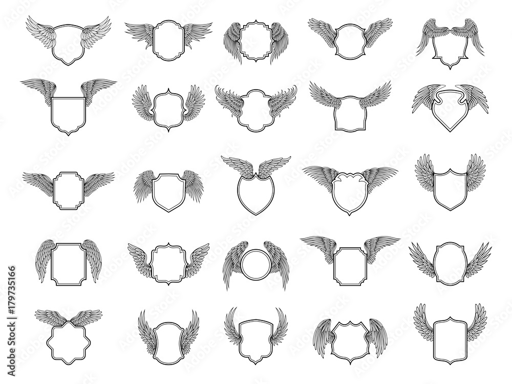 Poster empty shapes with wings. big vector set for badges or labels design