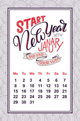 Vector calendar for month 2 0 1 8. Hand drawn lettering quote for calendar design
