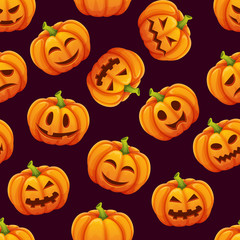 Halloween seamless pattern with different funny emotions of pumpkins