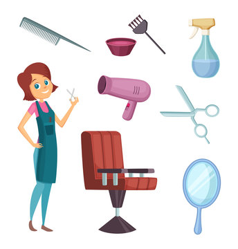 Female barber at work. Stylist with different tools for barbershop. Fashion pictures in cartoon style