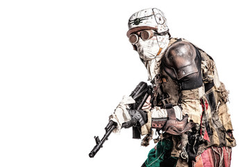 Post apocalyptic survivor creature with homemade weapons