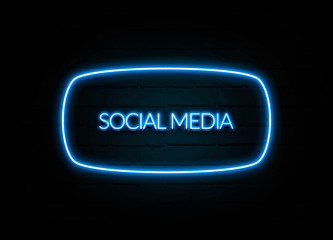 Social Media  - colorful Neon Sign on brickwall
