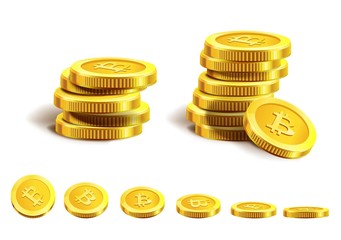 Shiny bitcoins in piles and neat row isolated illustration