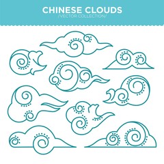 Fototapeta na wymiar Chinese swirly clouds thin blue outlines vector collection