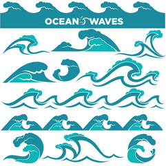Waves icons of water tidal gale, blue ocean wave and stormy tida