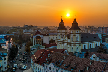 October 2017, Ivano-Frankivsk, Ukraine. Sunset in the old town, top view