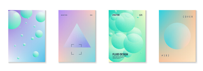 Holographic fluid set with radial circles. Geometric shapes on gradient background. Modern hipster template for poster, cover, banner, flyer, report, brochure. Minimal holographic fluid in neon colors
