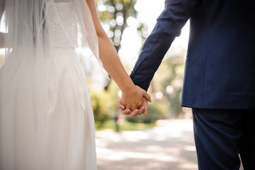 Back view of bride and groom holding each others hands outdoors