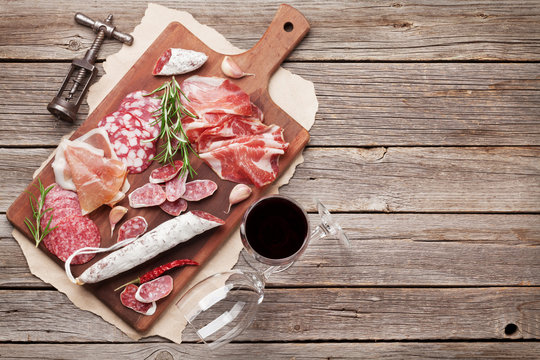 Salami, ham, sausage, prosciutto and wine