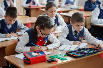 Elementary school students at a lesson in school writing in notebooks