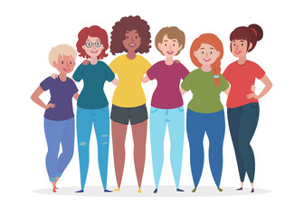 Fototapeta premium Group of women are hugging. Female together. Friendship vector illustration.