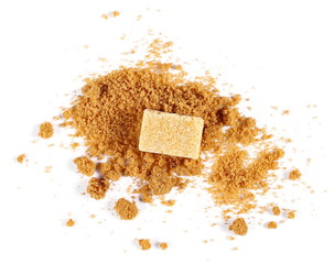 Unrefined light brown cane sugar cubes on white background