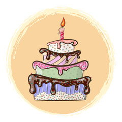 Vector illustration shows beautiful festive cake with a candle