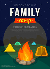 Poster with camping tent and campfire for family adventure camping. Vector illustration, flat style