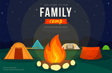 Poster with camping tent and campfire for family adventure camping. Vector illustration, flat style © Pro_Vector
