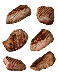 Grilled beef steaks in various kinds, collection on white background