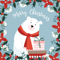 Cute christmas greeting card, invitation, with hand drawn polar bear wearing red scarf holding gift boxes. Floral frame made of holly berries and evergreen branches. Vector illustration background.