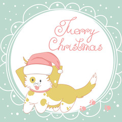Christmas greeting card. Funny dog wearing santa's hat.