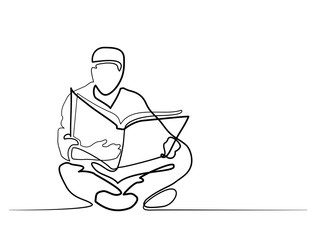 Fototapeta na wymiar Man in fez reading Koran. Continuous different width line drawing vector illustration