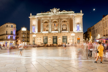 Night view on the Comedy square with Opera building in Montpellier city in southern France