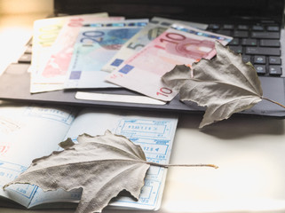 European Euro banknotes, netbook and passport on the table.
