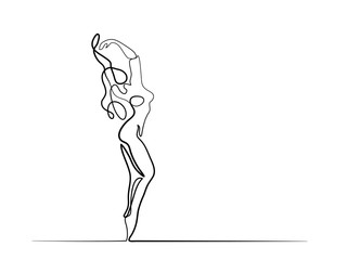 Continuous different width line drawing of dancing woman. Vector illustration