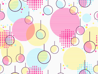 Memphis seamless pattern with christmas balls. New Year`s background in retro style. Vector illustration