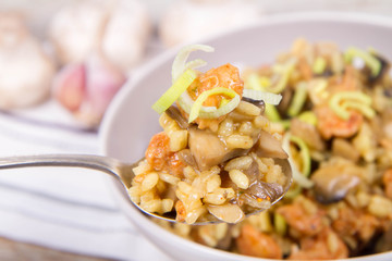 Risotto with mushrooms and chicken decorated with leek on a wooden background eaten with a spoon