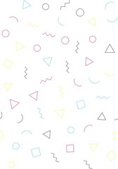 Seamless memphis geometric pattern 80's-90's styles on a white background with different shapes. Vector repeating texture.