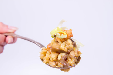 Risotto with mushrooms and chicken decorated with leek on a spoon on a white background