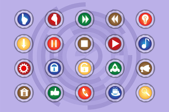 A set of icons on colored buttons with transparent elements. Part 7