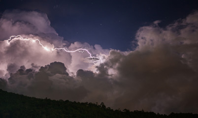 Stormy and cloudy night , thunder in the sky , lightning in clouds